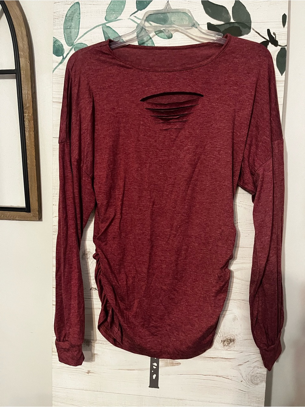 SHEIN Burgundy Long Sleeve Distressed Ruched Top